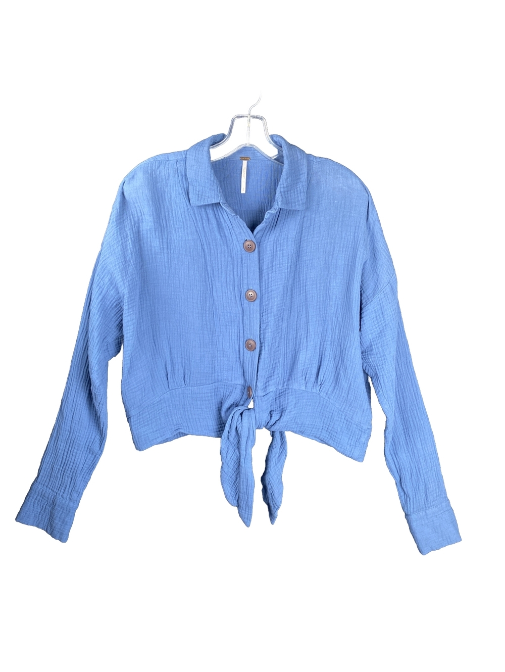 Free People Blouse Top Blue Sunstreaks Boho Gauze Casual Tie Front Shirt Sz S